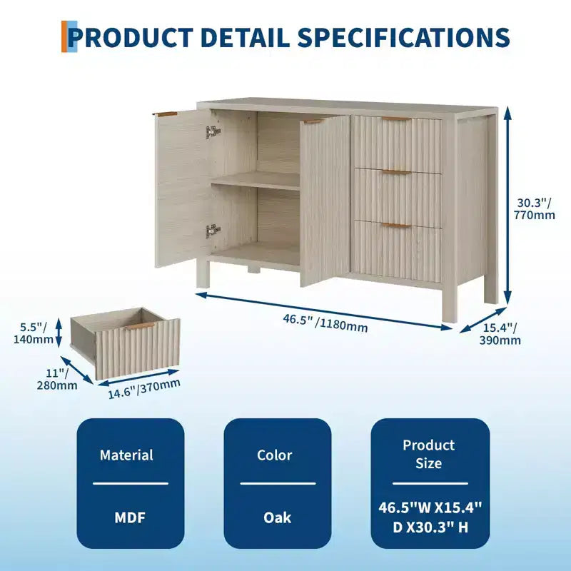Credenza da 46,5 pollici con scanalature, 3 cassetti e 2 ante, mobile TV in legno