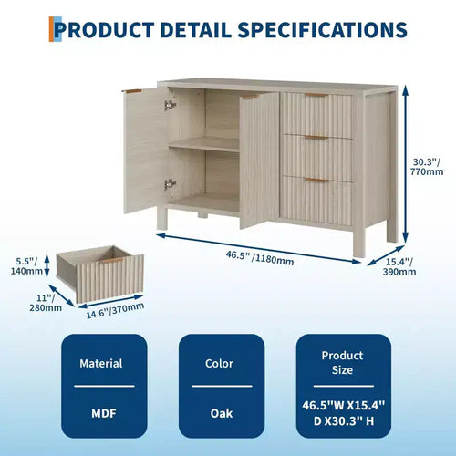 Credenza da 46,5 pollici con scanalature, 3 cassetti e 2 ante, mobile TV in legno