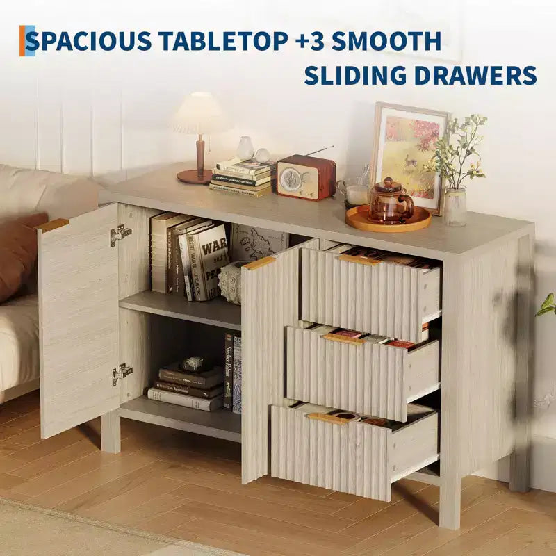 Credenza da 46,5 pollici con scanalature, 3 cassetti e 2 ante, mobile TV in legno