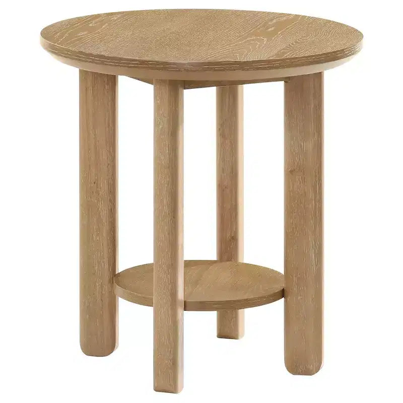 Set di 2 tavolini rotondi in legno con ripiani aperti e gambe cilindriche, finitura rovere