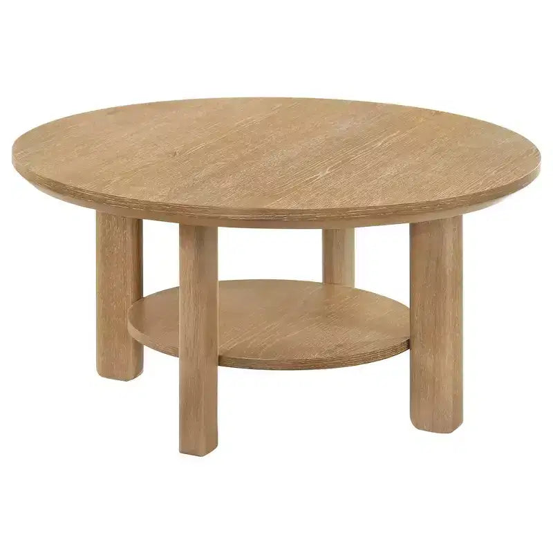 Set di 2 tavolini rotondi in legno con ripiani aperti e gambe cilindriche, finitura rovere