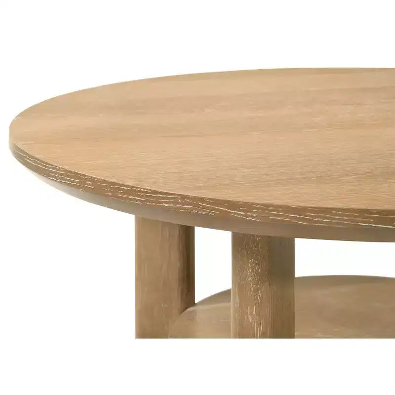 Set di 2 tavolini rotondi in legno con ripiani aperti e gambe cilindriche, finitura rovere