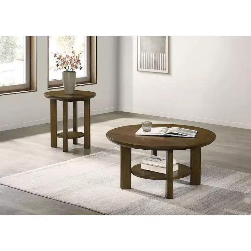 Set di 2 tavolini rotondi in legno con ripiani aperti e gambe cilindriche, finitura rovere