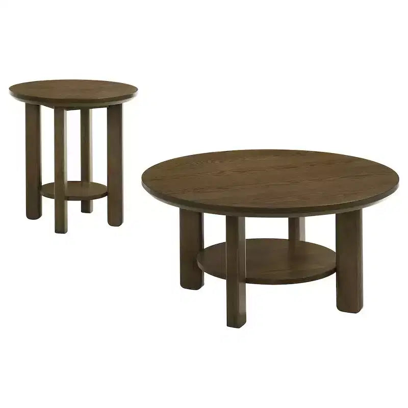 Set di 2 tavolini rotondi in legno con ripiani aperti e gambe cilindriche, finitura rovere