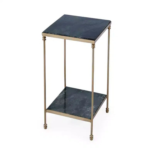 HomeRoots 24 Green and Gold Marble and Iron Square End Table With Shelf