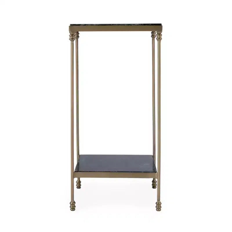 Tavolino quadrato da 60 cm con piano in marmo verde e base in ferro dorato, ripiano a giorno