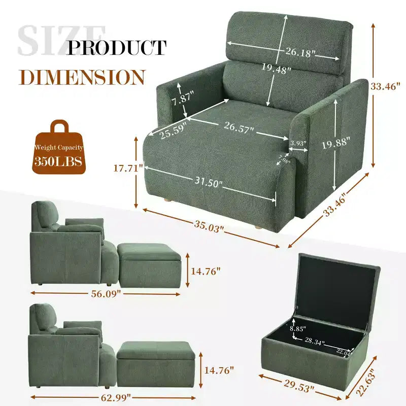 Set poltrona accento oversize con pouf contenitore, poltrona imbottita larga 89 cm per soggiorno