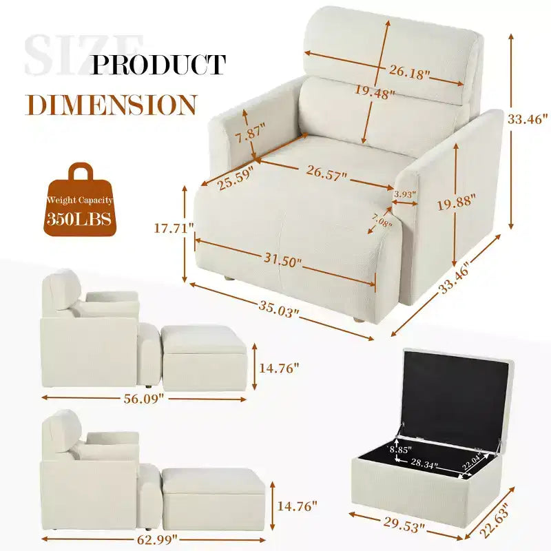 Set poltrona accento oversize con pouf contenitore, poltrona imbottita larga 89 cm per soggiorno