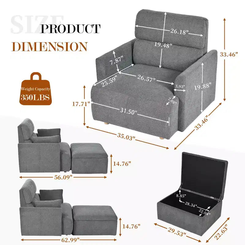 Set poltrona accento oversize con pouf contenitore, poltrona imbottita larga 89 cm per soggiorno