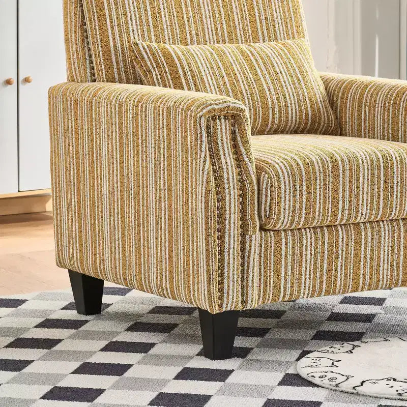 Poltrona accentata moderna bicolore a righe con borchie decorative, struttura in legno massello, poltrona imbottita