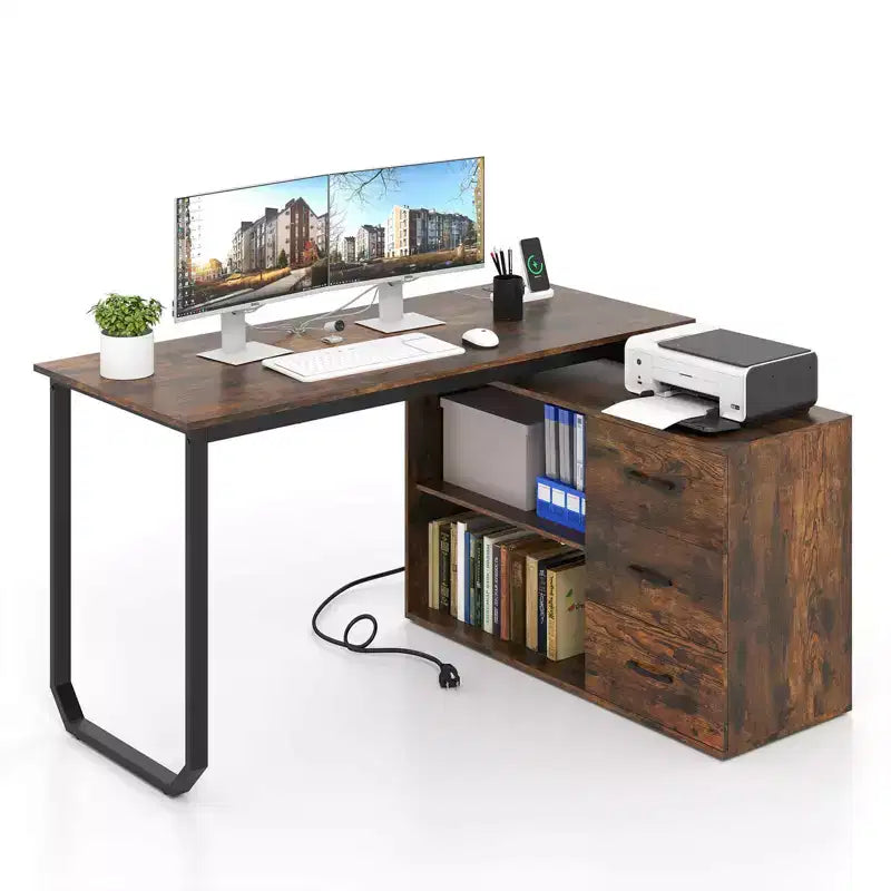 Costway L-Shaped Desk with Power Outlet 55 Reversible Computer Desk with 3 Drawers Brown/White