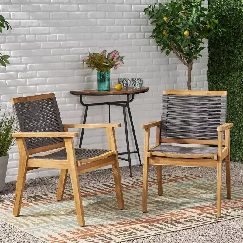 Sedie da pranzo per esterno in 2 pezzi con seduta in corda intrecciata e struttura in legno di acacia