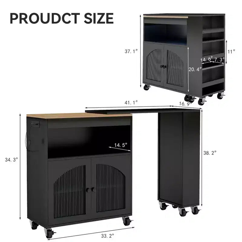 Isola da Cucina su Ruote con Tavolo Estensibile, Carrello Contenitore con Ruote in MDF, 2 Ante in Vetro Scanalato, 3 Ripiani Aperti, Nero