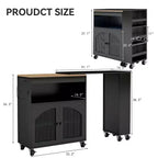 Isola da Cucina su Ruote con Tavolo Estensibile, Carrello Contenitore con Ruote in MDF, 2 Ante in Vetro Scanalato, 3 Ripiani Aperti, Nero