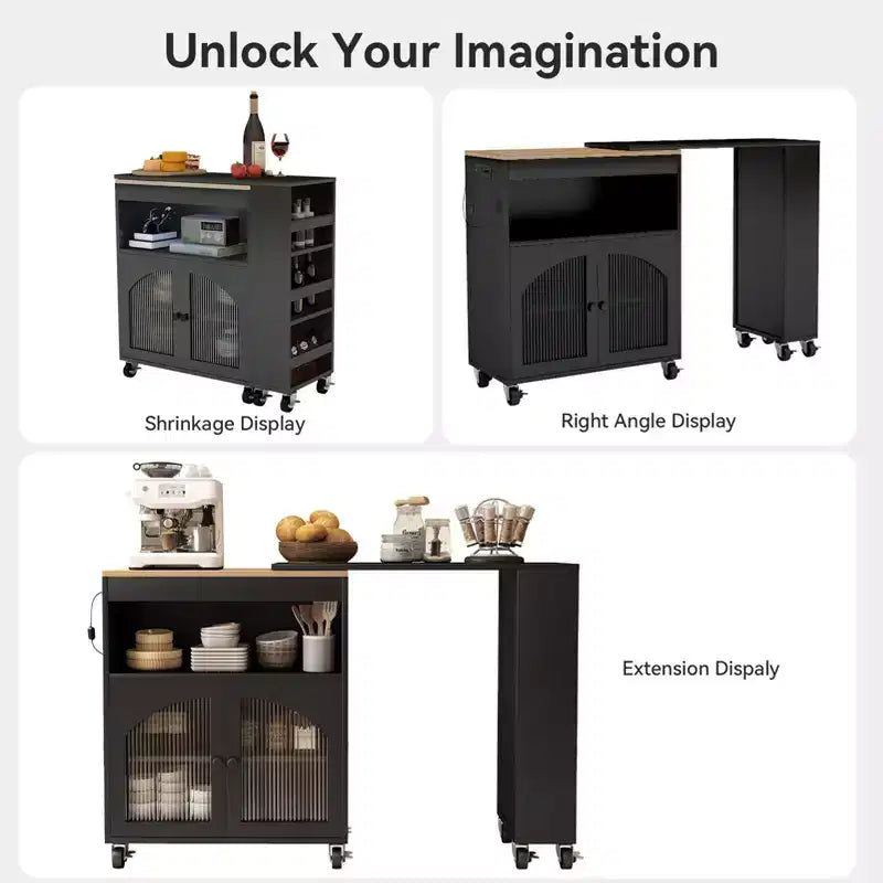 Isola da Cucina su Ruote con Tavolo Estensibile, Carrello Contenitore con Ruote in MDF, 2 Ante in Vetro Scanalato, 3 Ripiani Aperti, Nero