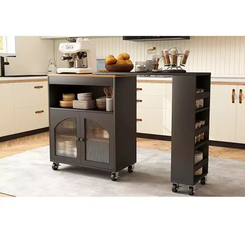 Isola da Cucina su Ruote con Tavolo Estensibile, Carrello Contenitore con Ruote in MDF, 2 Ante in Vetro Scanalato, 3 Ripiani Aperti, Nero