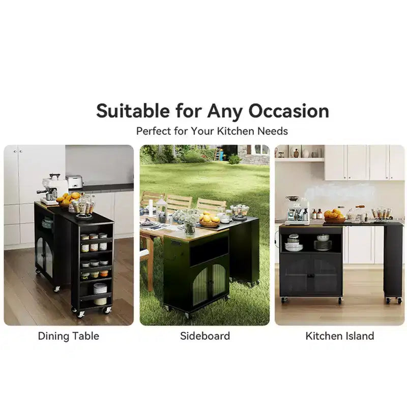 Isola da Cucina su Ruote con Tavolo Estensibile, Carrello Contenitore con Ruote in MDF, 2 Ante in Vetro Scanalato, 3 Ripiani Aperti, Nero