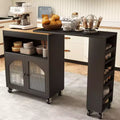Isola da Cucina su Ruote con Tavolo Estensibile, Carrello Contenitore con Ruote in MDF, 2 Ante in Vetro Scanalato, 3 Ripiani Aperti, Nero