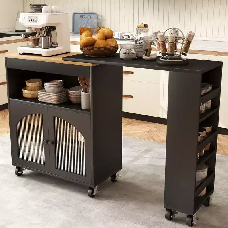 Kitchen Island On Wheels with Extended Table, MDF Rolling Storage Cart, 2 Fluted Glass Doors, 3 Open Shelves, Black