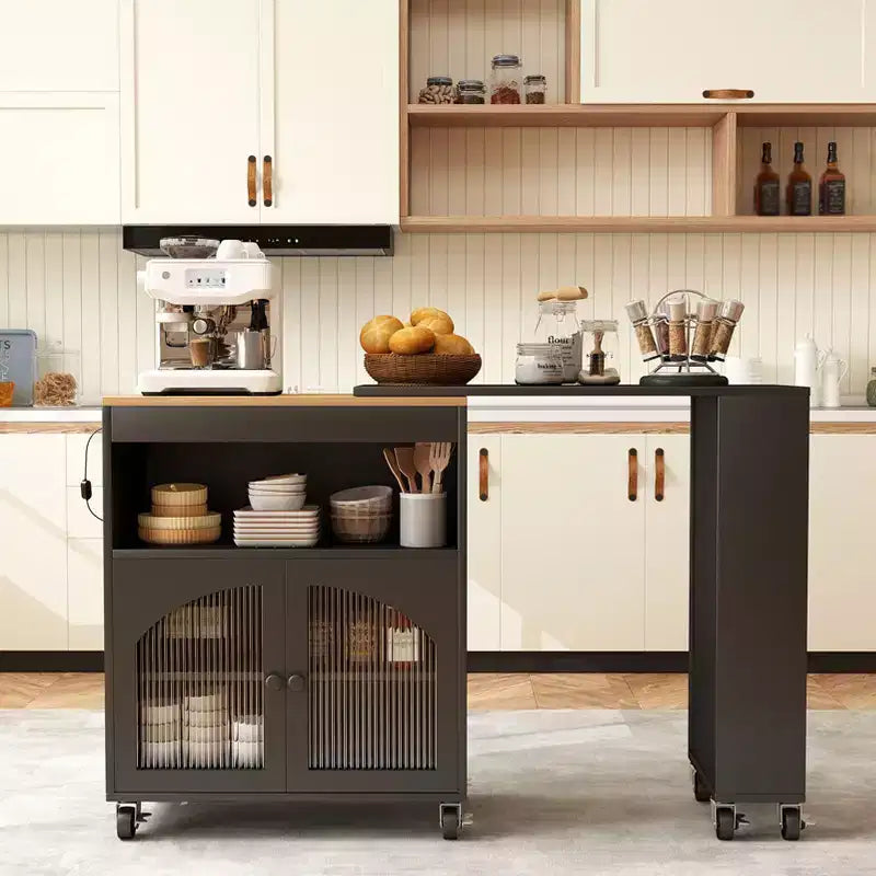 Isola da Cucina su Ruote con Tavolo Estensibile, Carrello Contenitore con Ruote in MDF, 2 Ante in Vetro Scanalato, 3 Ripiani Aperti, Nero