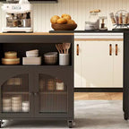 Isola da Cucina su Ruote con Tavolo Estensibile, Carrello Contenitore con Ruote in MDF, 2 Ante in Vetro Scanalato, 3 Ripiani Aperti, Nero