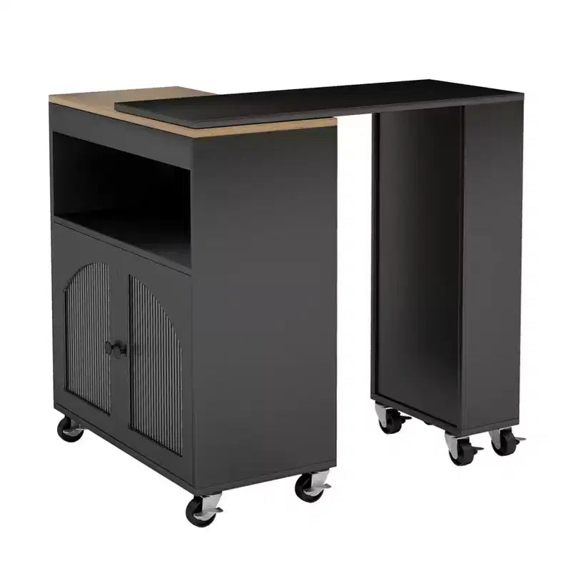 Isola da Cucina su Ruote con Tavolo Estensibile, Carrello Contenitore con Ruote in MDF, 2 Ante in Vetro Scanalato, 3 Ripiani Aperti, Nero