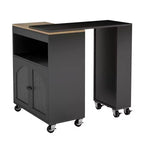 Isola da Cucina su Ruote con Tavolo Estensibile, Carrello Contenitore con Ruote in MDF, 2 Ante in Vetro Scanalato, 3 Ripiani Aperti, Nero