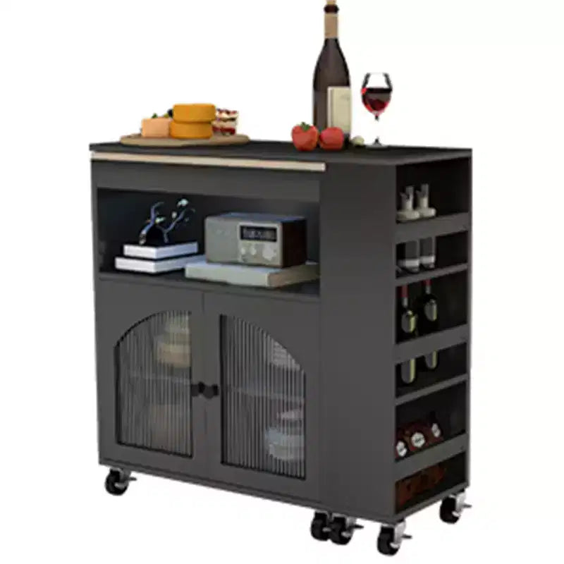 Isola da Cucina su Ruote con Tavolo Estensibile, Carrello Contenitore con Ruote in MDF, 2 Ante in Vetro Scanalato, 3 Ripiani Aperti, Nero