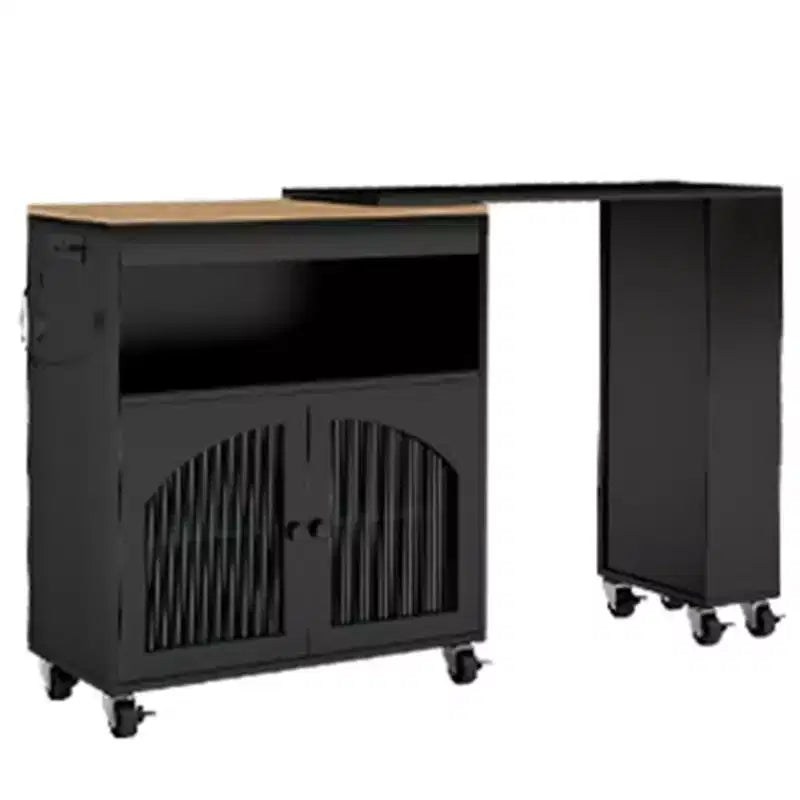 Isola da Cucina su Ruote con Tavolo Estensibile, Carrello Contenitore con Ruote in MDF, 2 Ante in Vetro Scanalato, 3 Ripiani Aperti, Nero