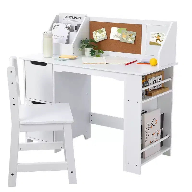 Set Scrivania e Sedia per Bambini con Mobiletti Contenitori, Bacheca, Libreria e Mensole Laterali, Età 3-8
