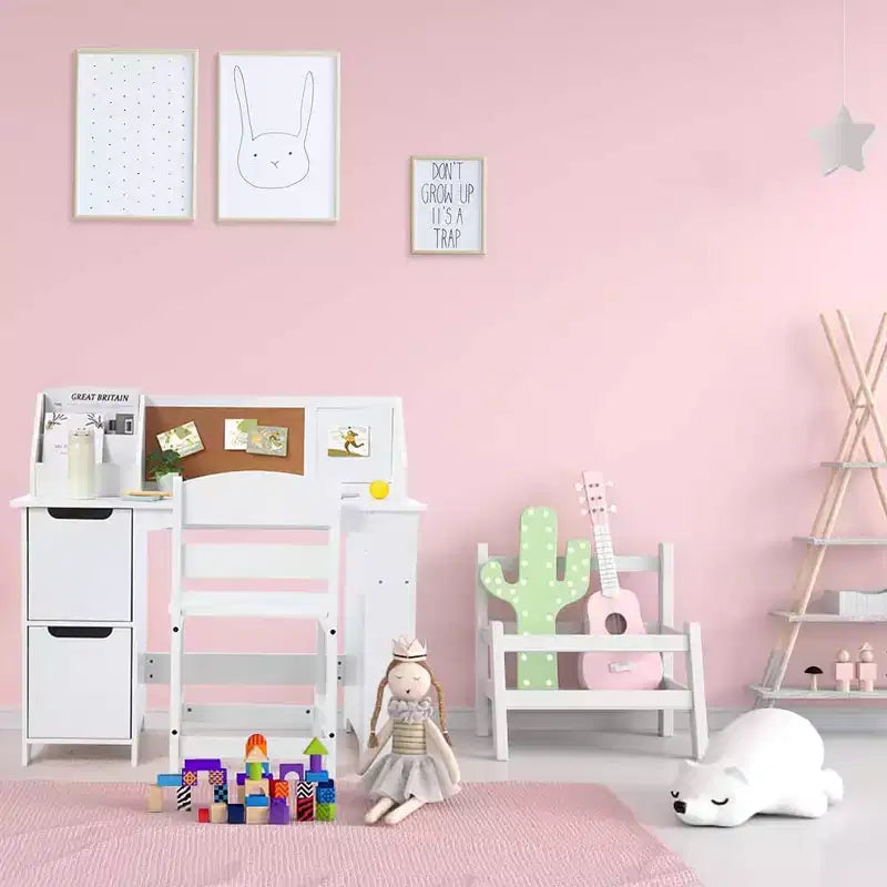 Set Scrivania e Sedia per Bambini con Mobiletti Contenitori, Bacheca, Libreria e Mensole Laterali, Età 3-8