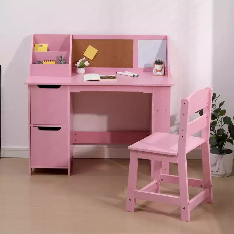 Set Scrivania e Sedia per Bambini con Mobiletti Contenitori, Bacheca, Libreria e Mensole Laterali, Età 3-8