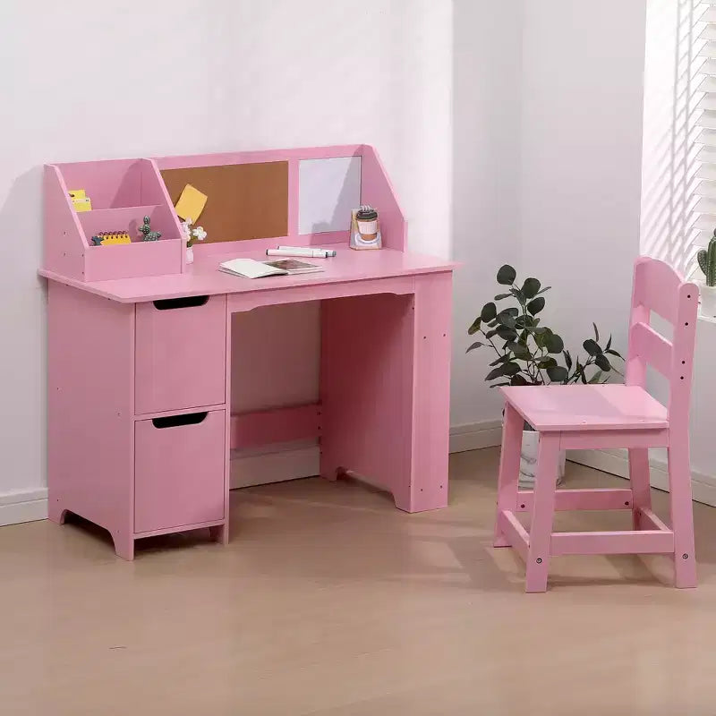 Set Scrivania e Sedia per Bambini con Mobiletti Contenitori, Bacheca, Libreria e Mensole Laterali, Età 3-8