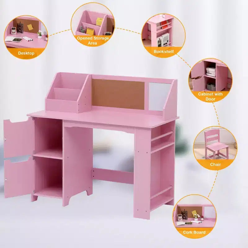 Set Scrivania e Sedia per Bambini con Mobiletti Contenitori, Bacheca, Libreria e Mensole Laterali, Età 3-8