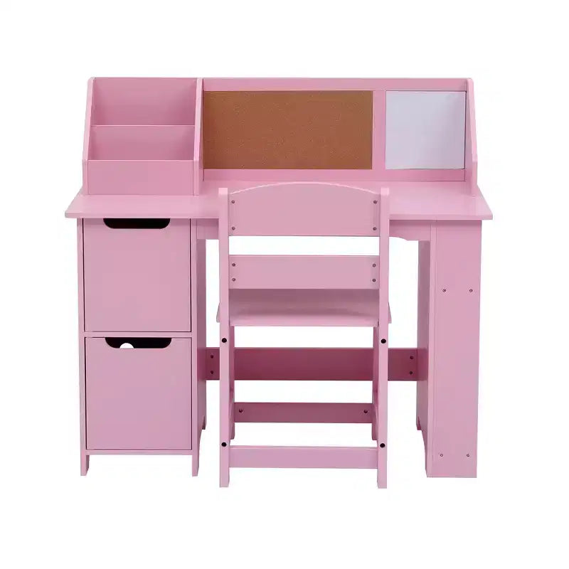 Set Scrivania e Sedia per Bambini con Mobiletti Contenitori, Bacheca, Libreria e Mensole Laterali, Età 3-8