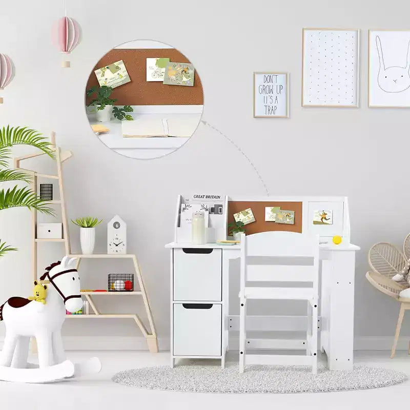 Set Scrivania e Sedia per Bambini con Mobiletti Contenitori, Bacheca, Libreria e Mensole Laterali, Età 3-8