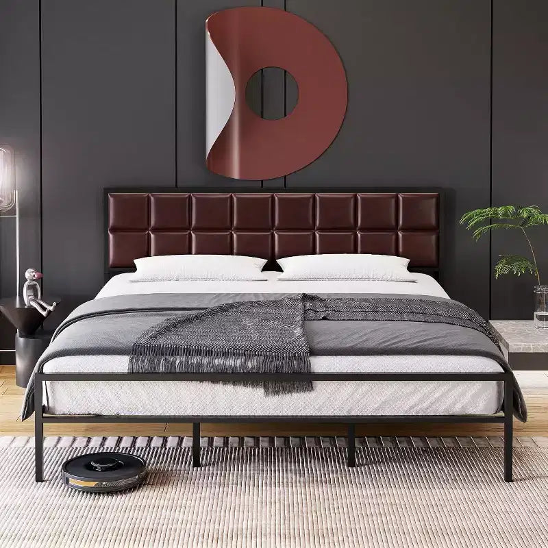Full Upholstered Metal Bed Frame with Square-Stitched Headboard, Faux Leather Platform Bed with Steel Slats Support, Box Spring Optional, Red Brown