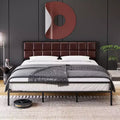 Full Upholstered Metal Bed Frame with Square-Stitched Headboard, Faux Leather Platform Bed with Steel Slats Support, Box Spring Optional, Red Brown