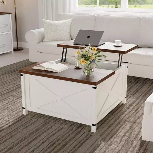GustoWave 28 Square Lift Top Coffee Table, Farmhouse Style with Hidden Storage and Open Shelf for Living Room or Office - White